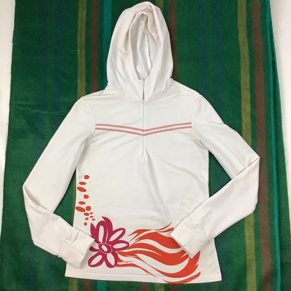 Athleta Top Women's S Small White Orange Pink Pullover 1/4 Zip Hooded Thumbholes - Picture 3 of 10